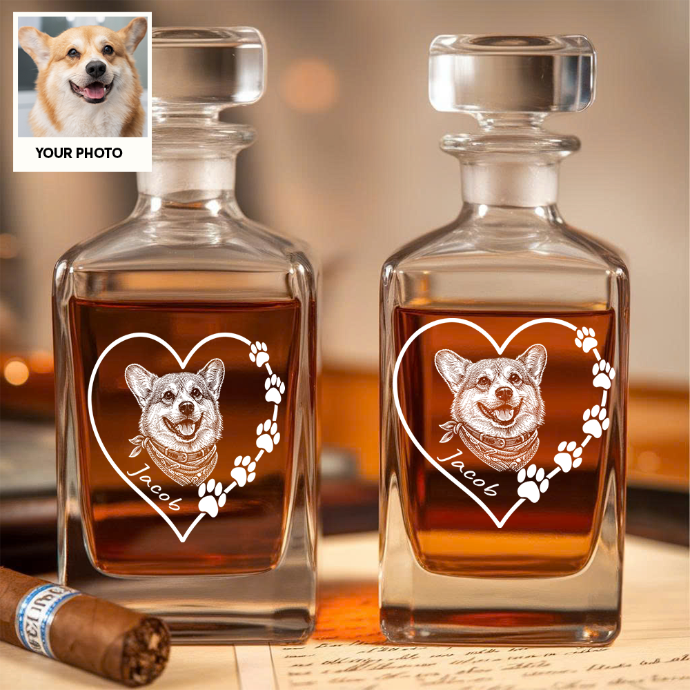 Custom Photo Dog Heart Shape Whiskey Decanter Set with Name, Dog Lover Gift THUC99