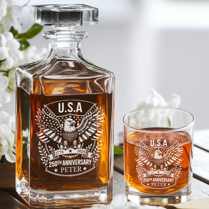 Custom Name Eagle USA 250th Anniversary Engraved Whiskey Decanter Set, Patriotic Bourbon Gift THUC99