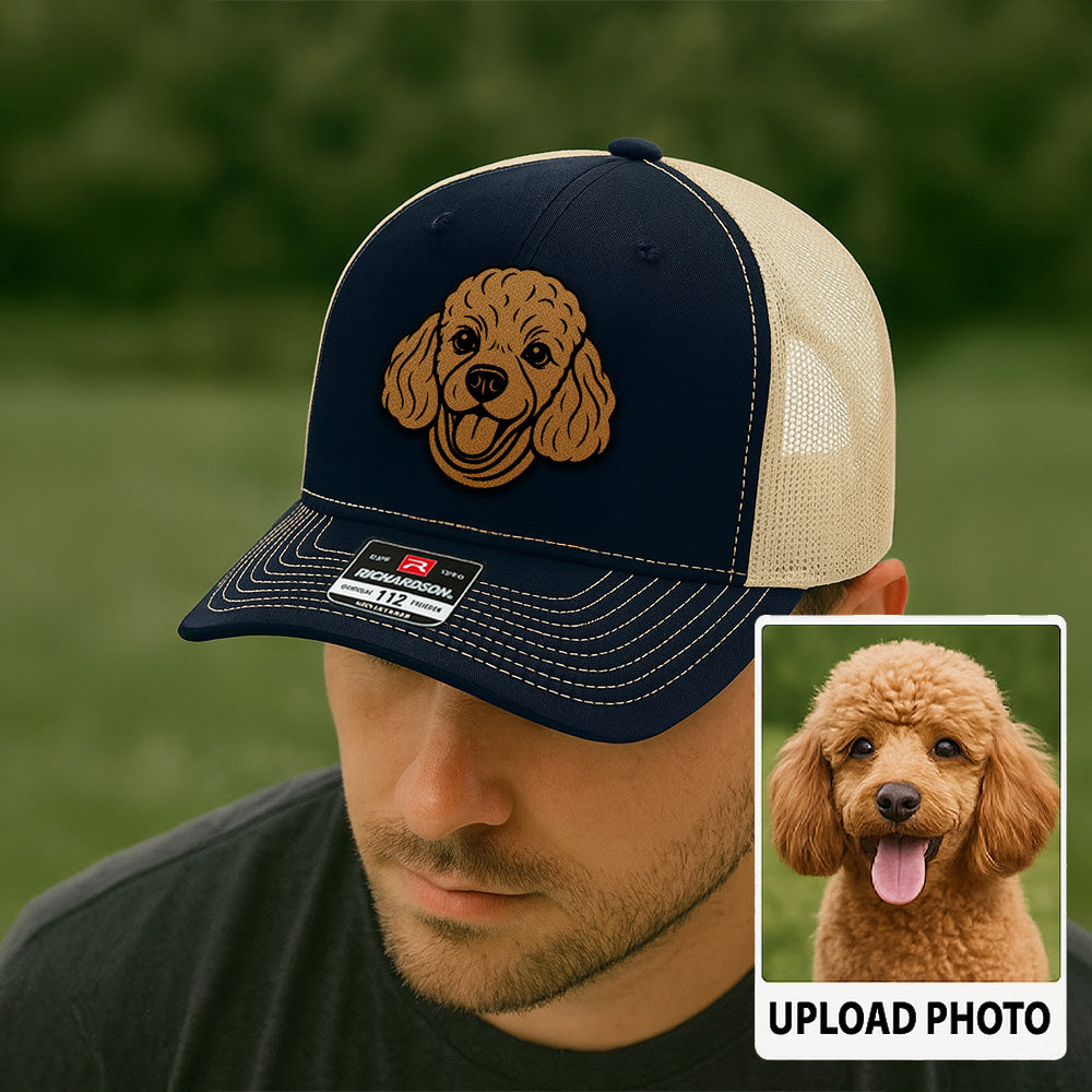 Custom Pet Photo Trucker Hat – Personalized Leather Patch Hat – Dog Portrait Gift – Custom Pet Face Hat P99A11