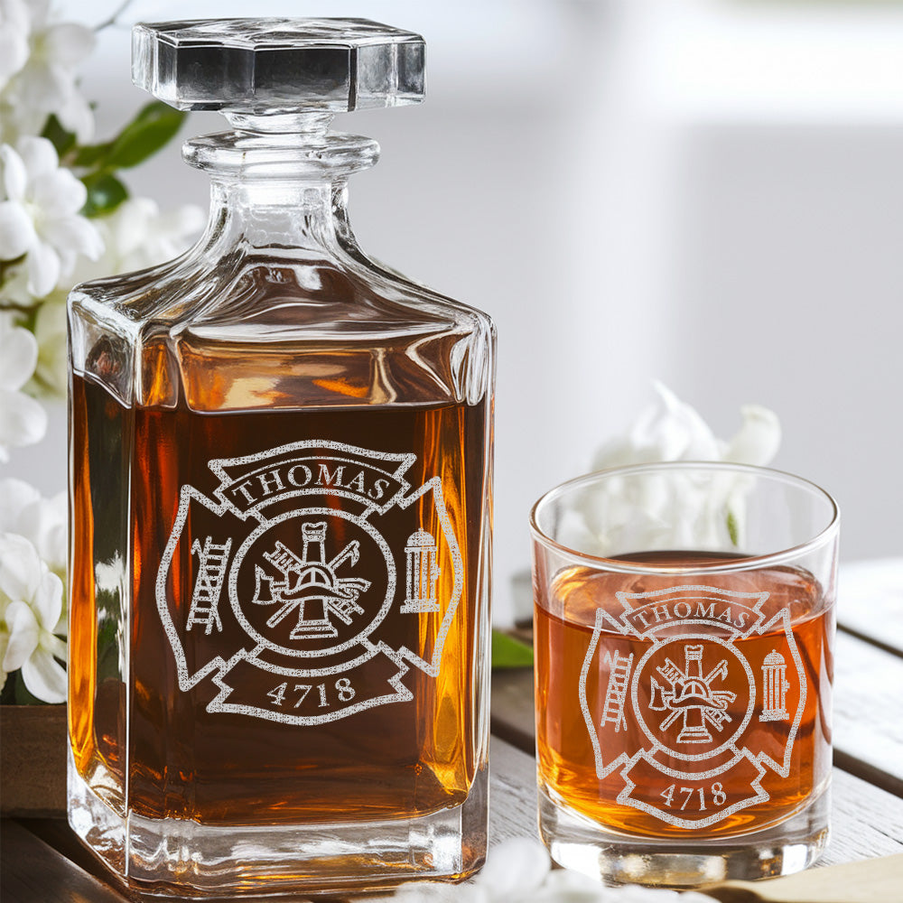 Personalized Firefighter Decanter Set – Custom Fire Dept Name & Number Engraved Whiskey Gift