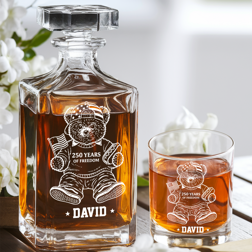 Personalized America 250 Years Engraved Whiskey Decanter Set, Patriotic Teddy Bear Gift 1776–2026 THUC99