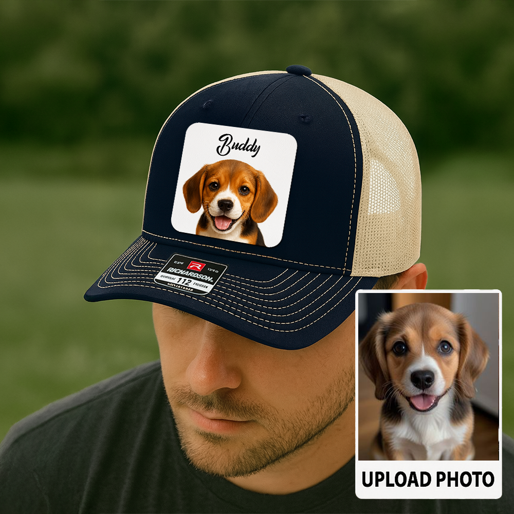 Custom Dog Trucker Cap – Personalized Leather Patch Hat with Printed Pet Face – Gift for Him TH9915