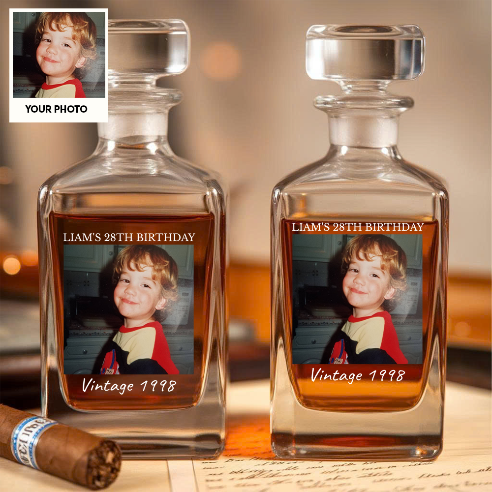 Custom Photo Birthday Whiskey Decanter, Engraved Bourbon Bottle Gift THUC99