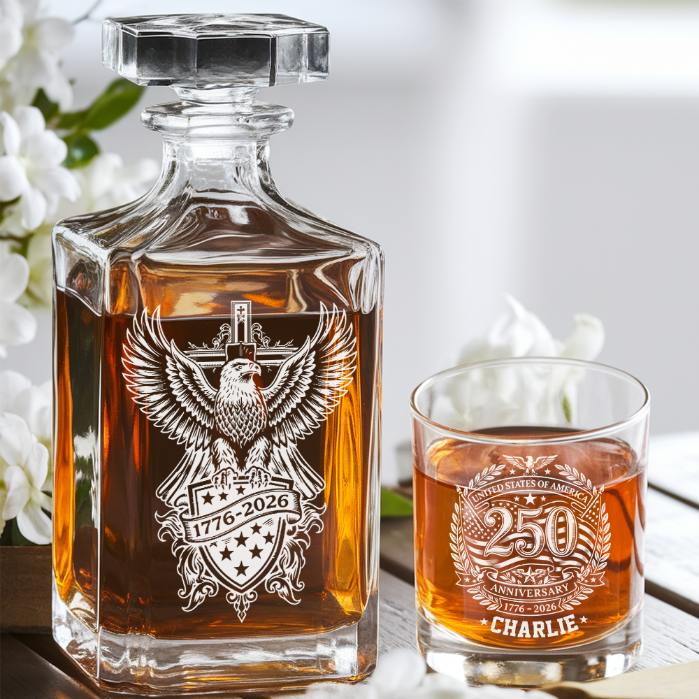 Personalized USA 250th Anniversary Engraved Whiskey Decanter Set, Patriotic Eagle Bourbon Gift 1776–2026 THUC99