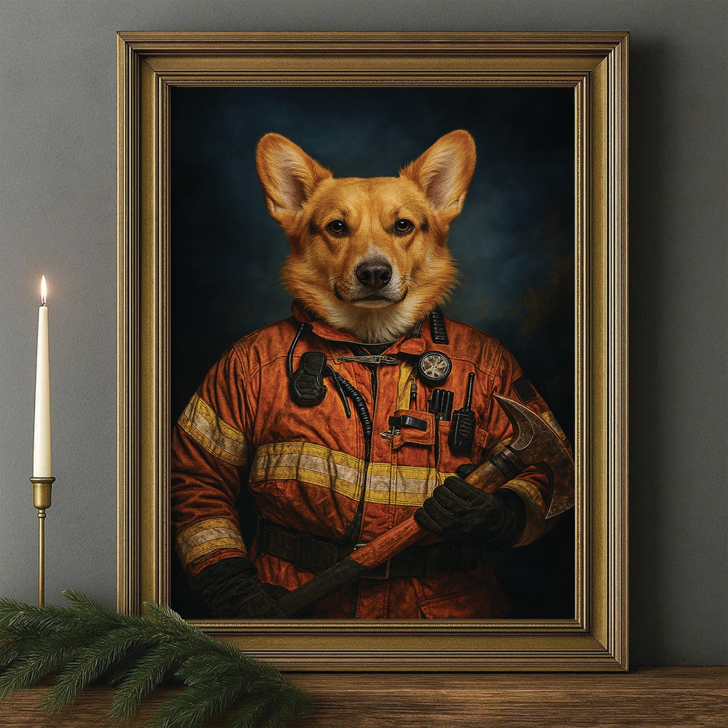 Custom Dog Photo Firefighter Canvas Framed Wall Art _ Gift For Dog Lovers
