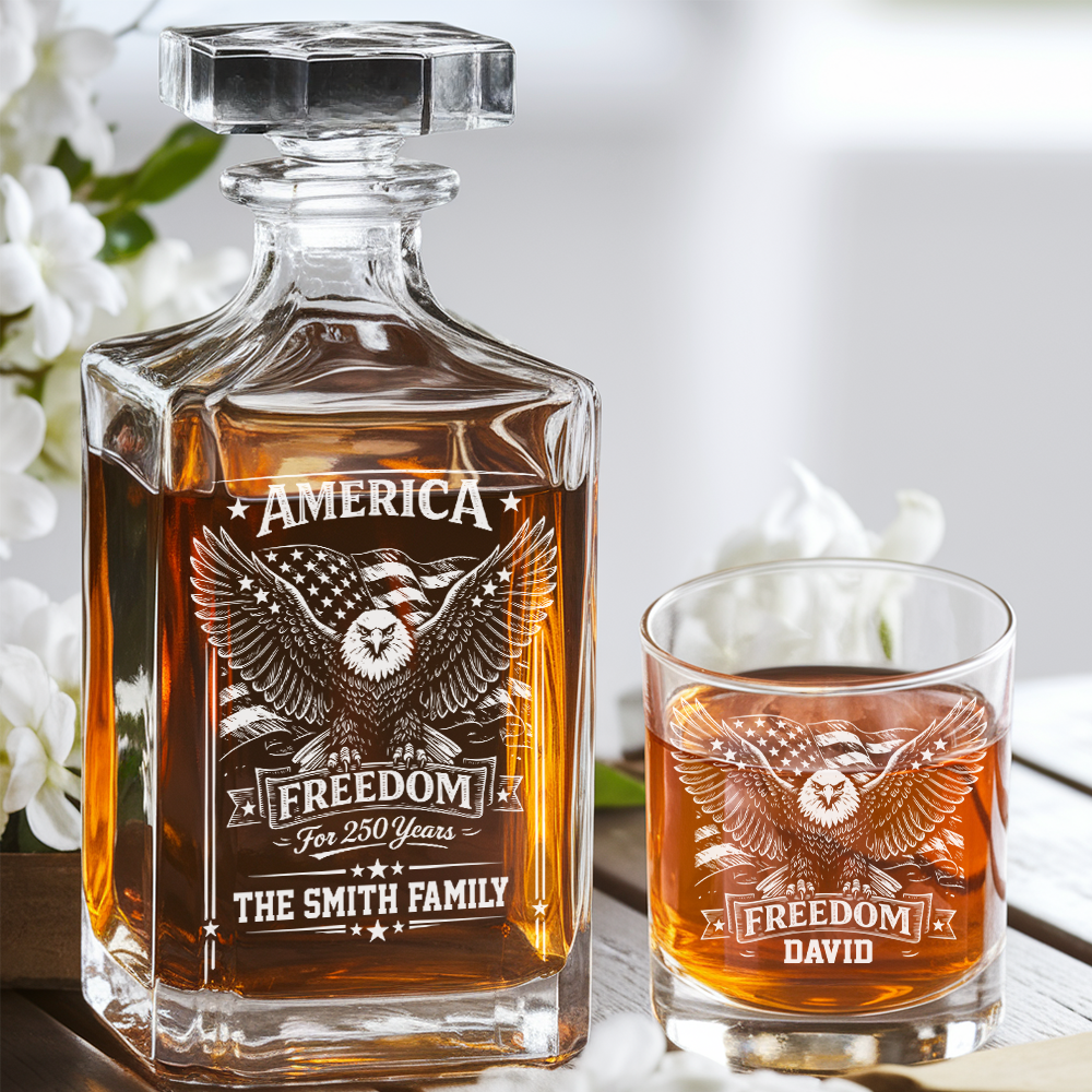 America Freedom 250 Years Engraved Whiskey Decanter Set, Personalized Patriotic Eagle Gift THUC99