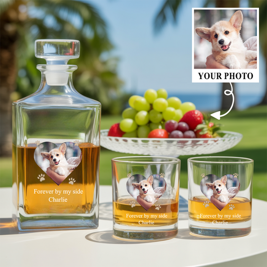 Custom Dog Photo Forever By My Side Whiskey Glass And Decanter Set | Personalized Dog Photo | Pet Lover Gift