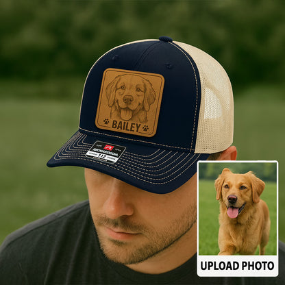 Custom Pet Photo Trucker Hat – Personalized Leather Patch Hat – Dog Portrait Gift – Custom Pet Face Hat NGOC99A8