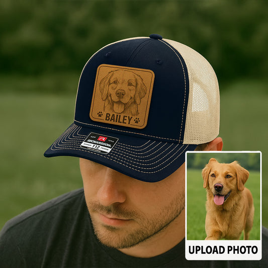 Custom Pet Photo Trucker Hat – Personalized Leather Patch Hat – Dog Portrait Gift – Custom Pet Face Hat NGOC99A8