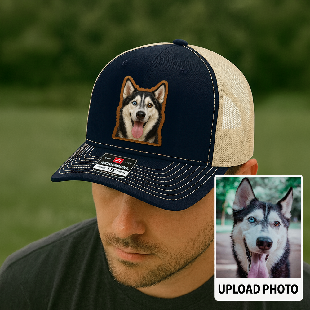 Custom Pet Memorial Leather Hat – Printed Trucker Cap – Dog Dad Keepsake Gift TH999
