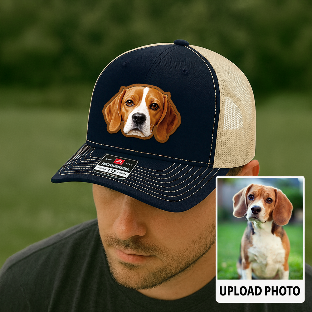 Custom Dog Photo Trucker Hat – Personalized Leather Patch Cap – Pet Lover Gift – Printed Pet Image Hat TH992