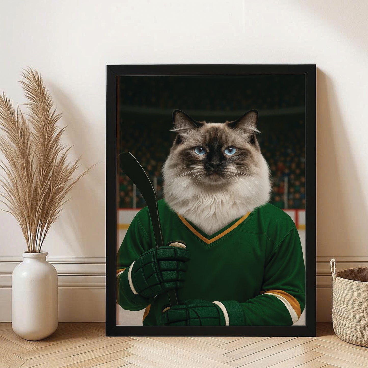 Custom Photo Hockey Player Cat Canvas Framed Wall Art  Gift For Cat Lovers