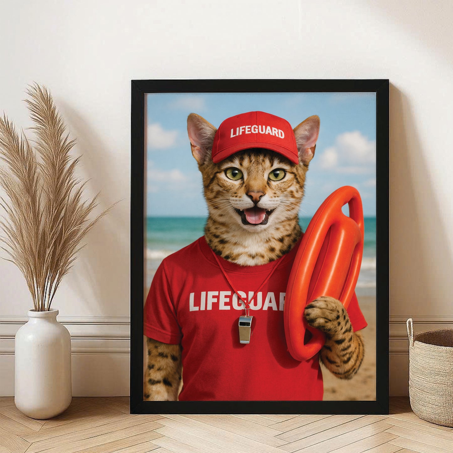 Custom Photo Lifeguard Cat Canvas Framed Wall Art Gift For Cat Lovers