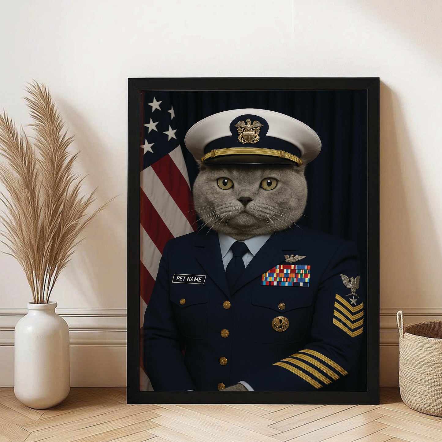 Custom Cat Photo Us Navy Canvas Framed Wall Art _ Gift For Cat Lovers
