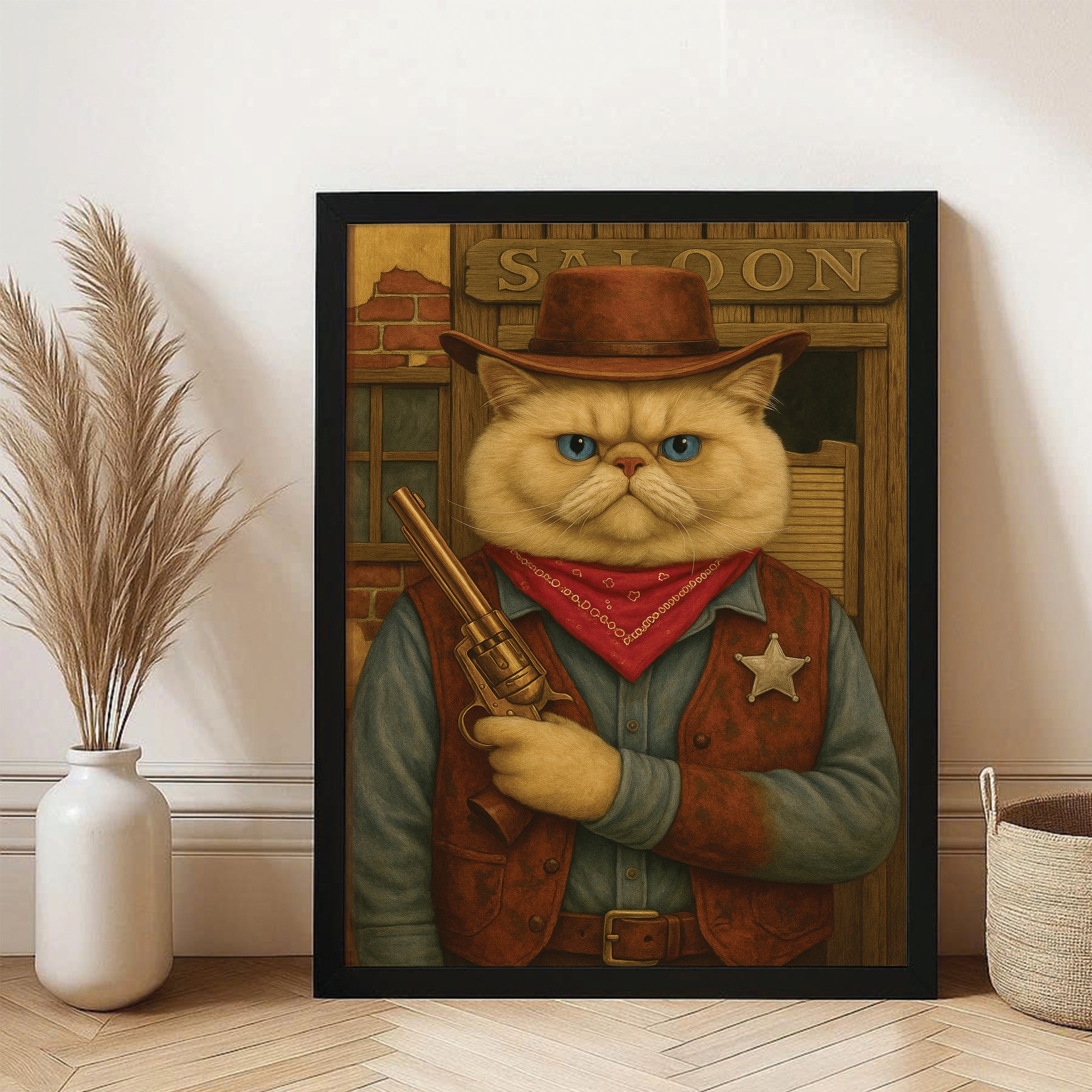 Custom Photo Cat Cowboy Canvas Framed Wall Art