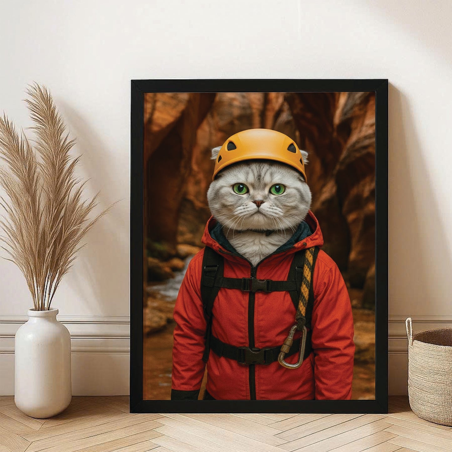 Custom Photo Canyoneering Slot Canyon Adventure Cat Canvas Framed Wall Art Gift For Cat Lovers