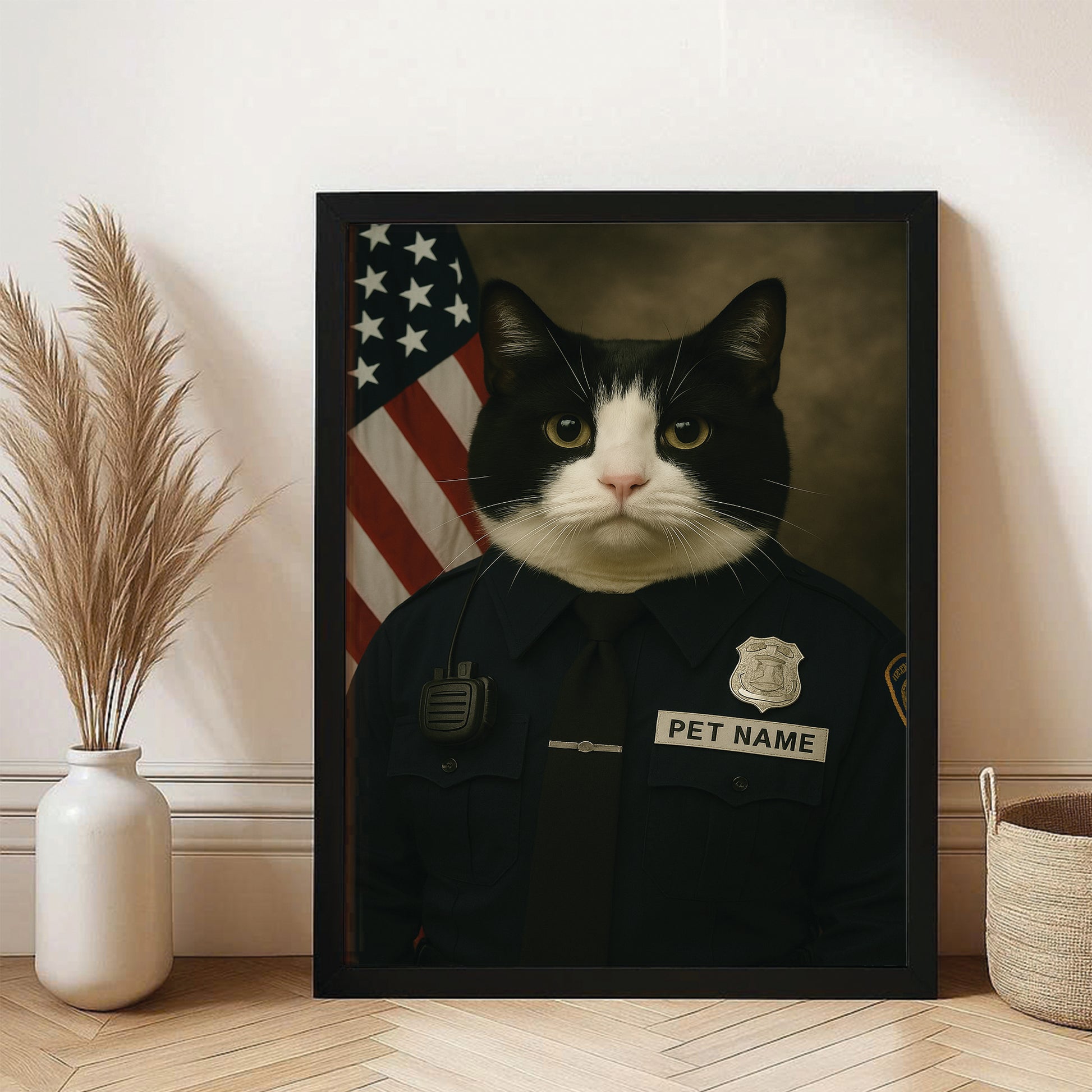 Custom Cat Photo Policeman Canvas Framed Wall Art _ Gift For Cat Lovers