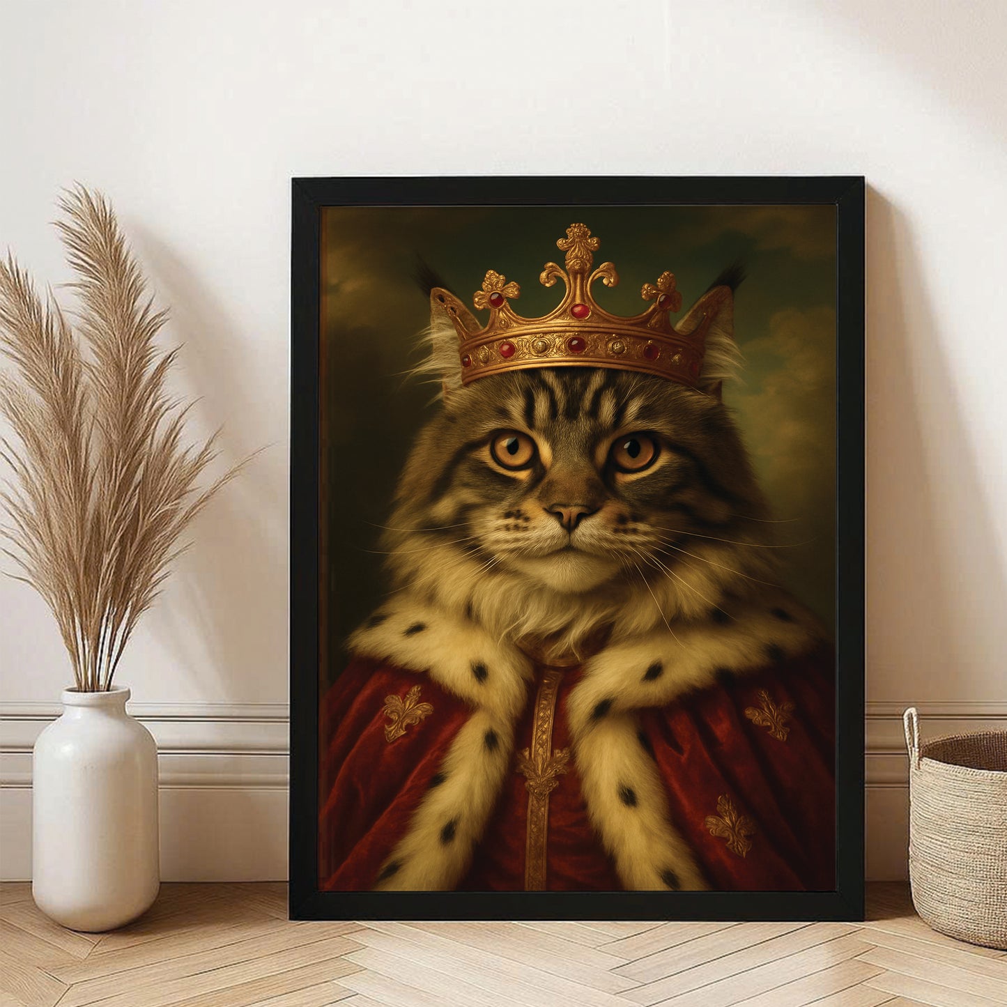 Custom Photo Cat Royal Canvas Framed Wall Art Pet King Portrait