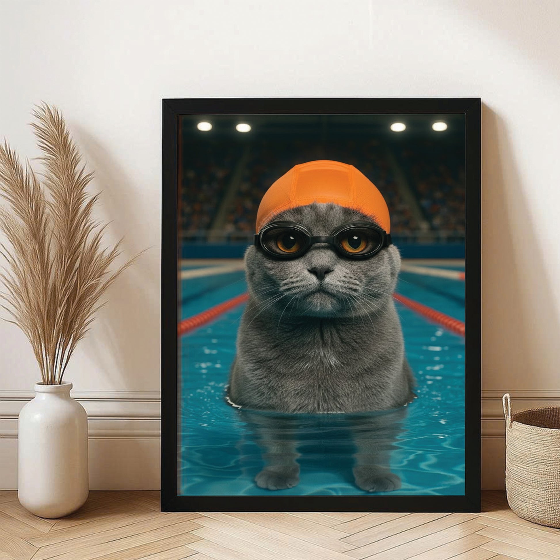 Custom Photo Swimmer  2 Cat Canvas Framed Wall Art Gift For Cat Lovers