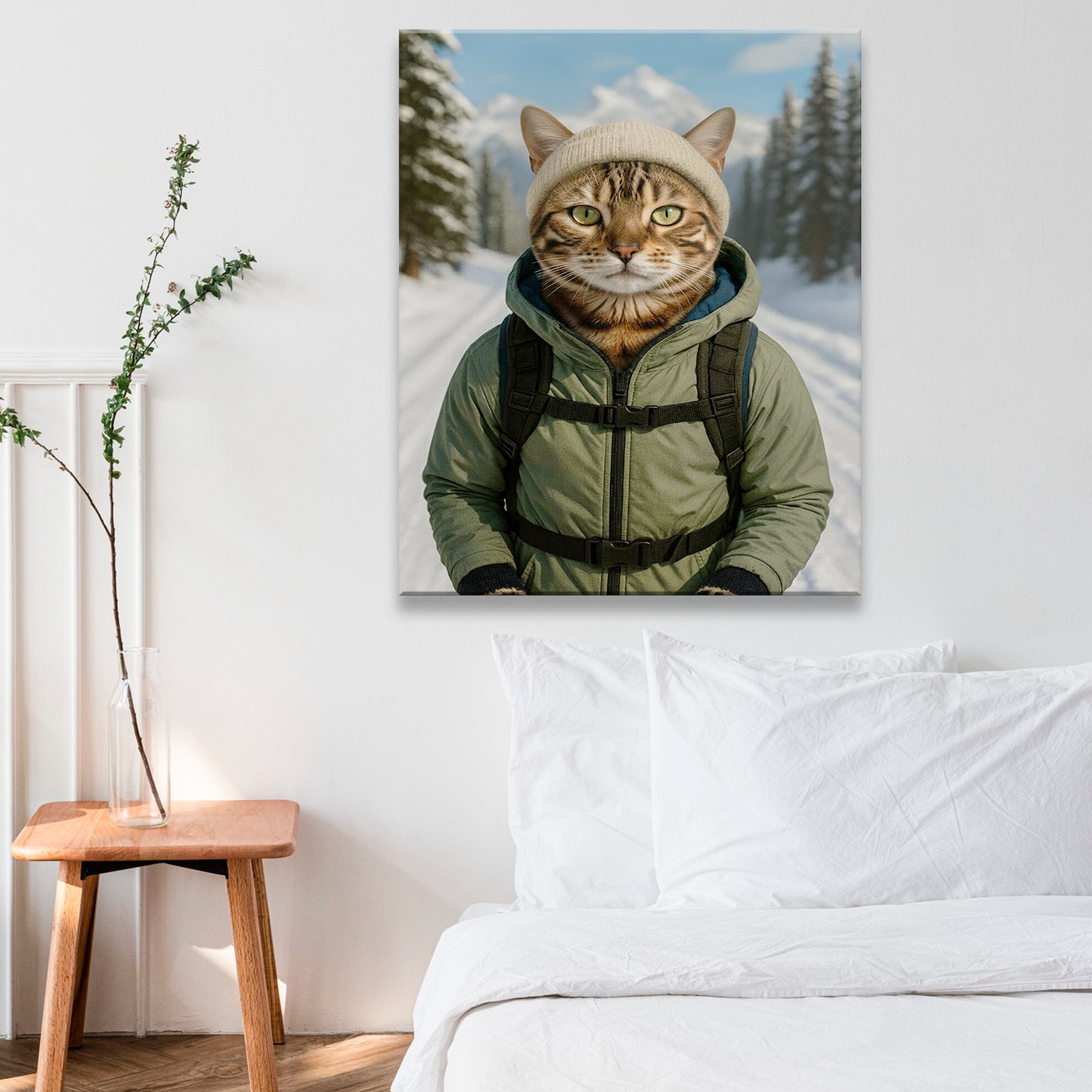 Custom Photo Winter Hiker Cat Canvas Gift For Cat Lovers