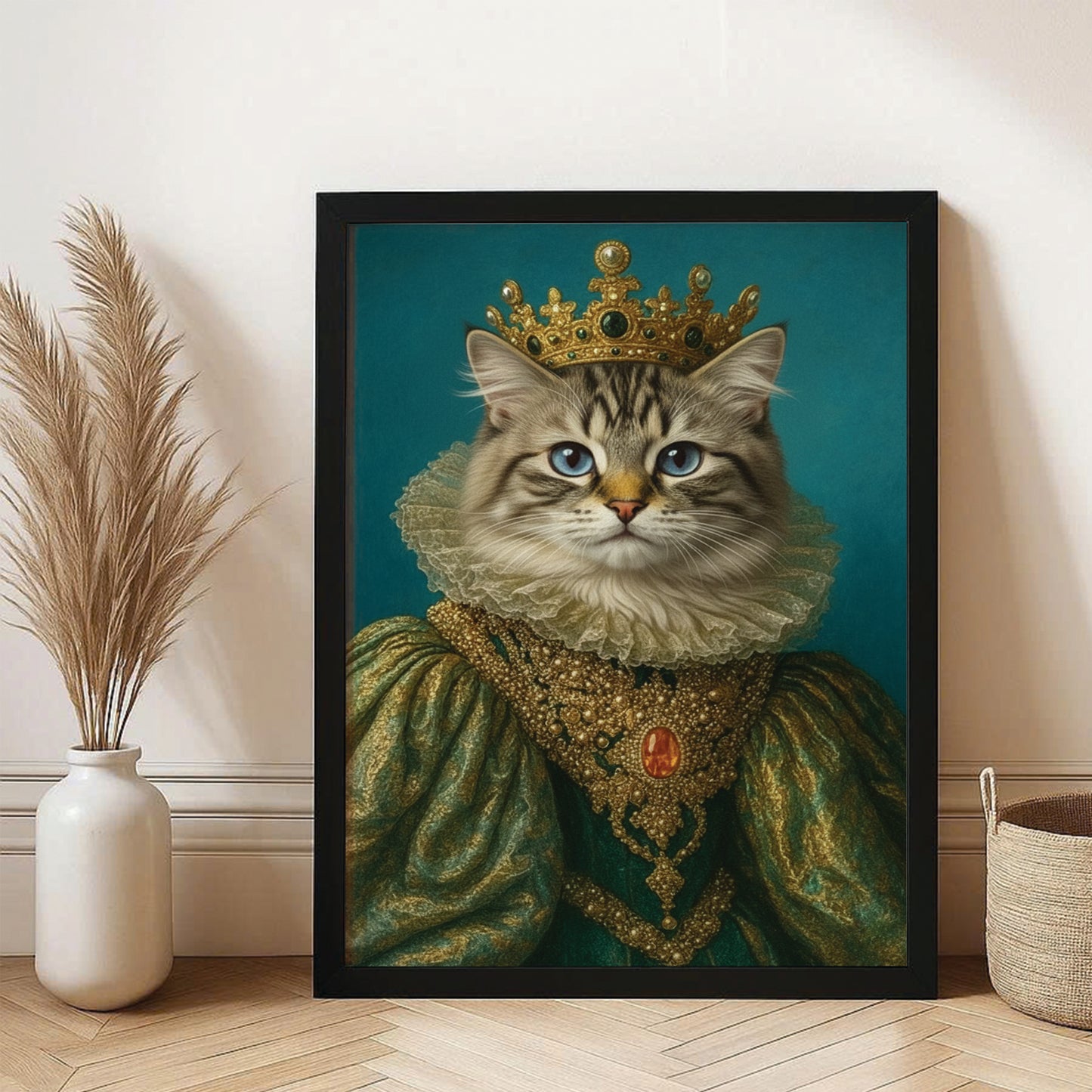 Custom Photo Potrait Royal Cat With Crown Canvas Framed Wall Art Gift For Cat Lovers