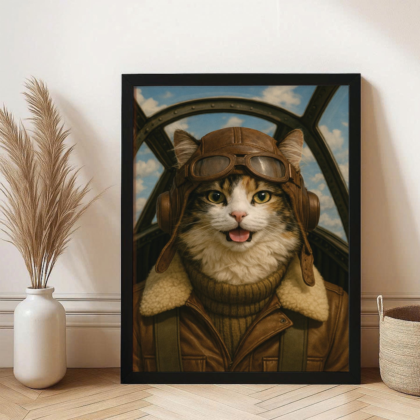 Custom Photo Pilot Cat Canvas Framed Wall Art Gift For Cat Lover