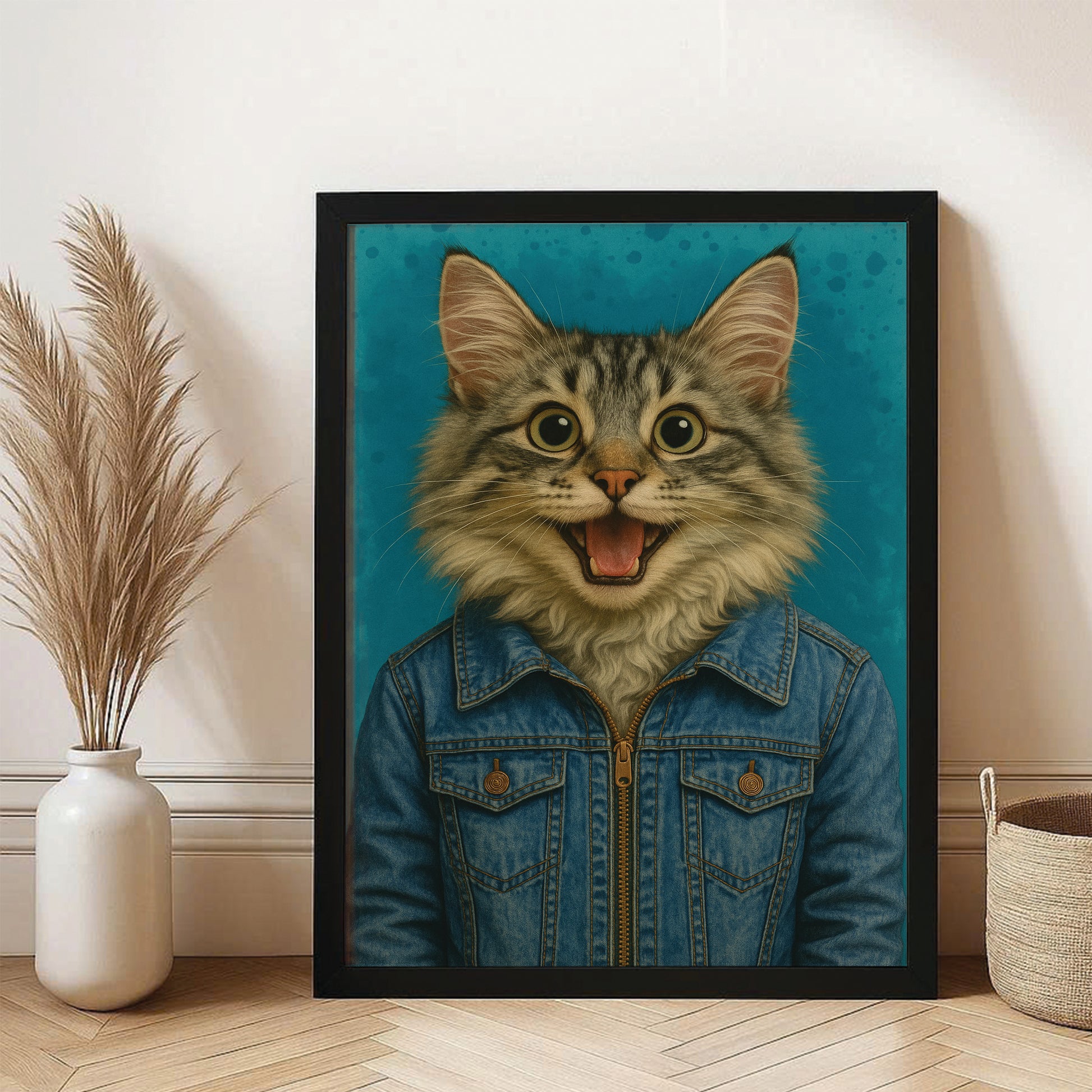 Custom Photo Denim Cat Canvas Framed Wall Art Gift For Cat Lovers