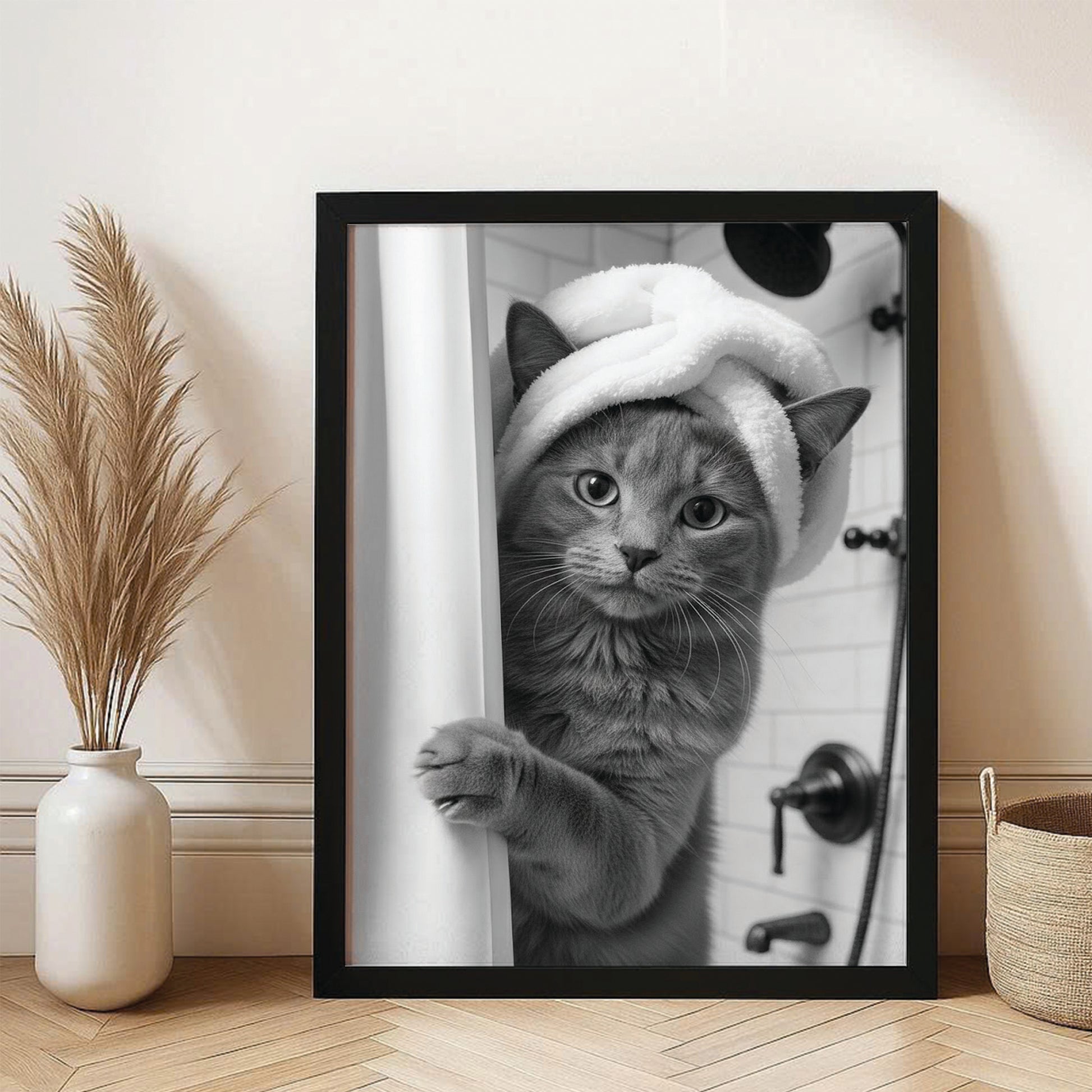 Custom Photo Cat Bathroom Canvas Framed Wall Art Gift For Cat Lovers