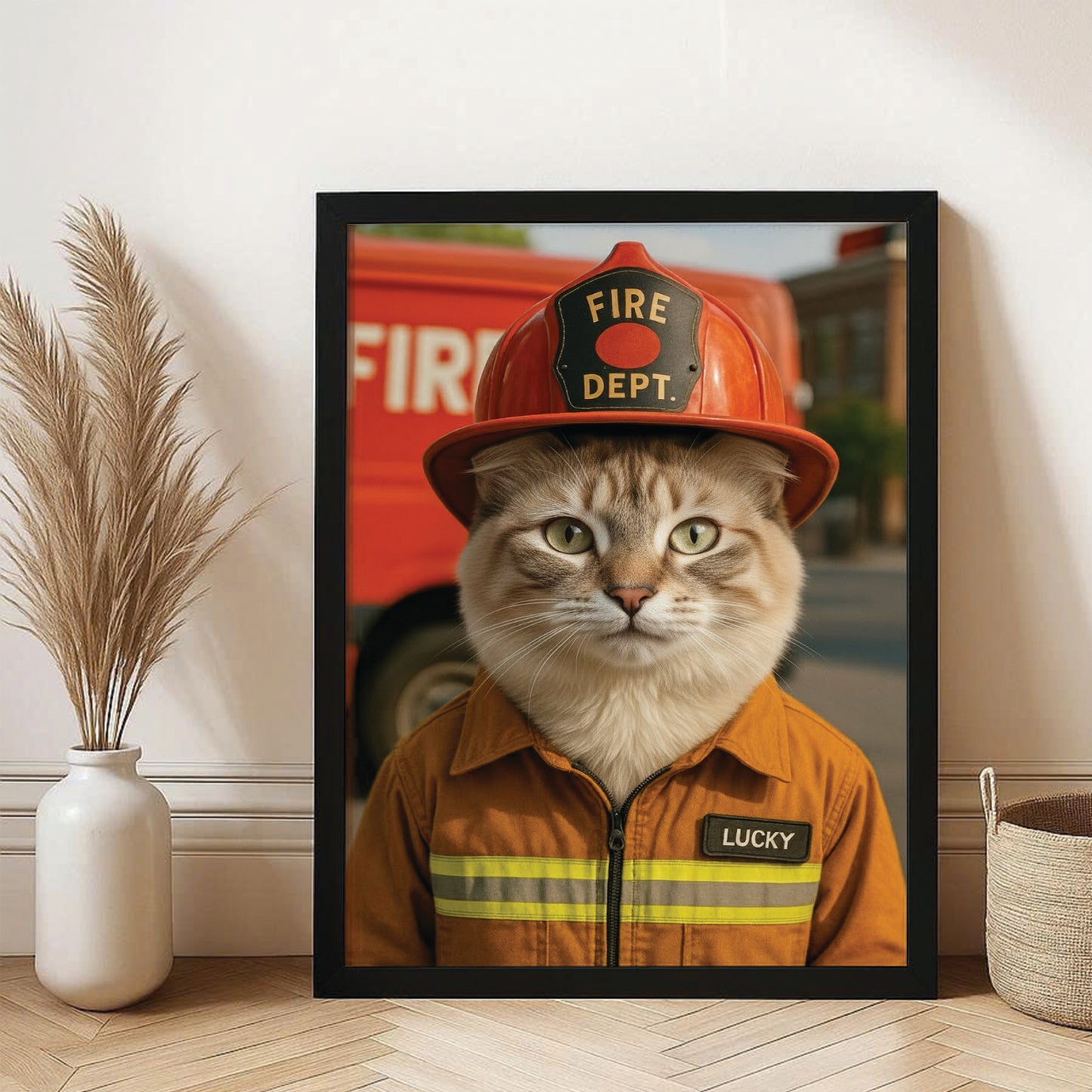 Custom Photo Fire Fighter Cat Canvas Framed Wall Art  Gift For Cat Lovers