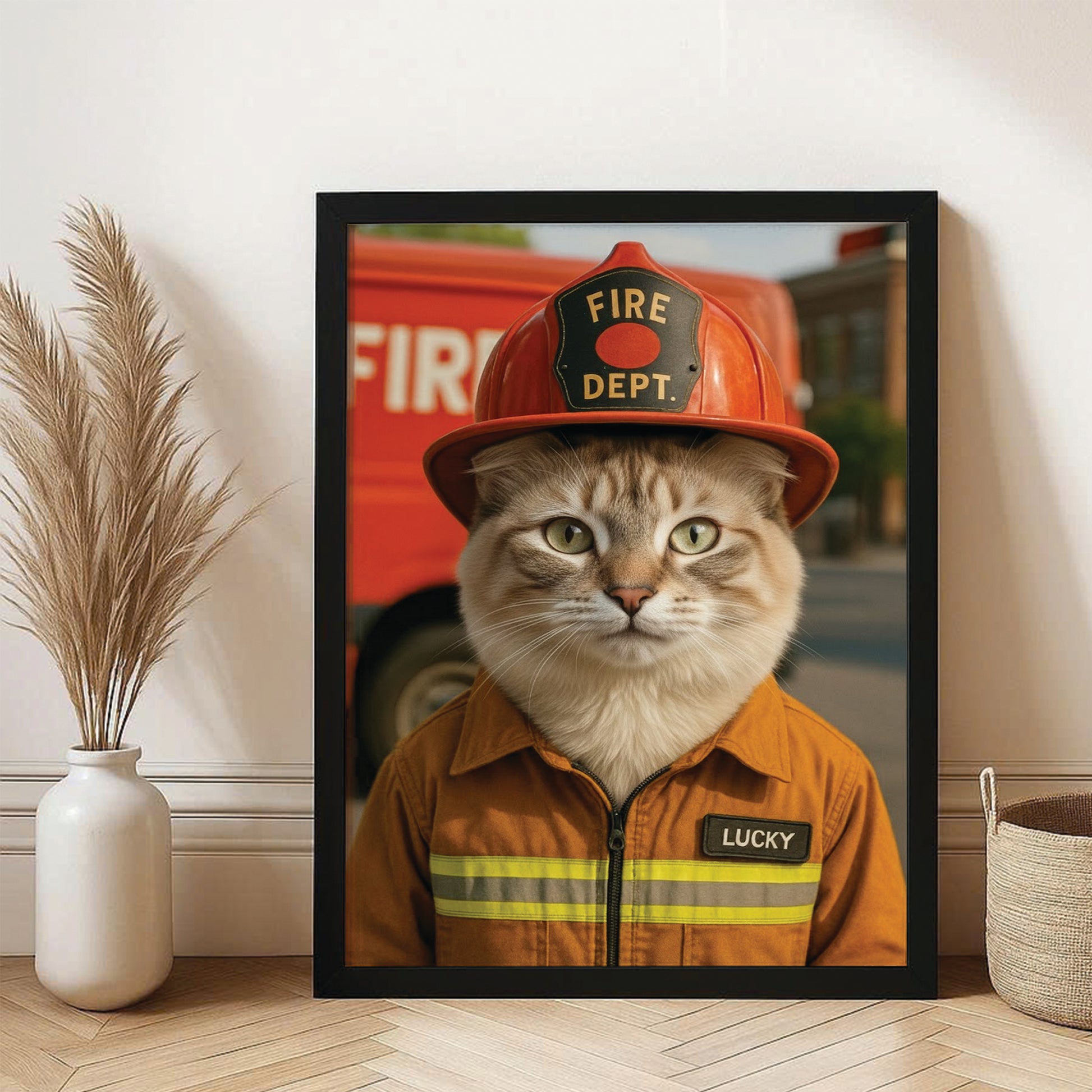 Custom Photo Fire Fighter Cat Canvas Framed Wall Art  Gift For Cat Lovers