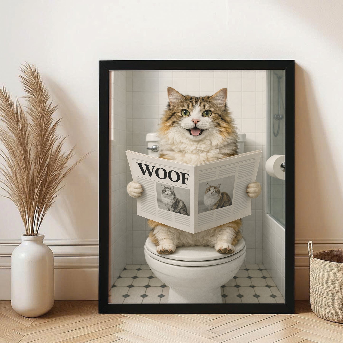 Custom Photo Cat Bathroom Style 6 Canvas Framed Wall Art Gift For Cat Lovers