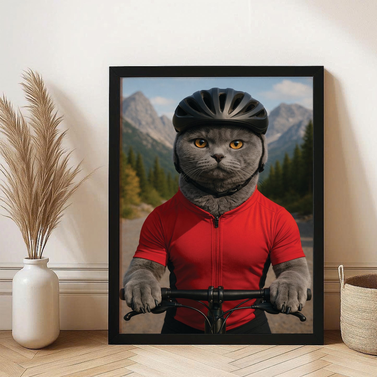 Custom Photo Cyclist Dart Bike Cat Canvas Framed Wall Art Gift For Cat Lovers