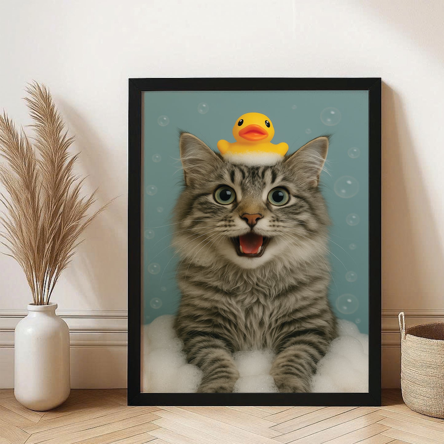 Custom Photo Cat In Bathtub With Duck Toy Canvas Framed Wall Art