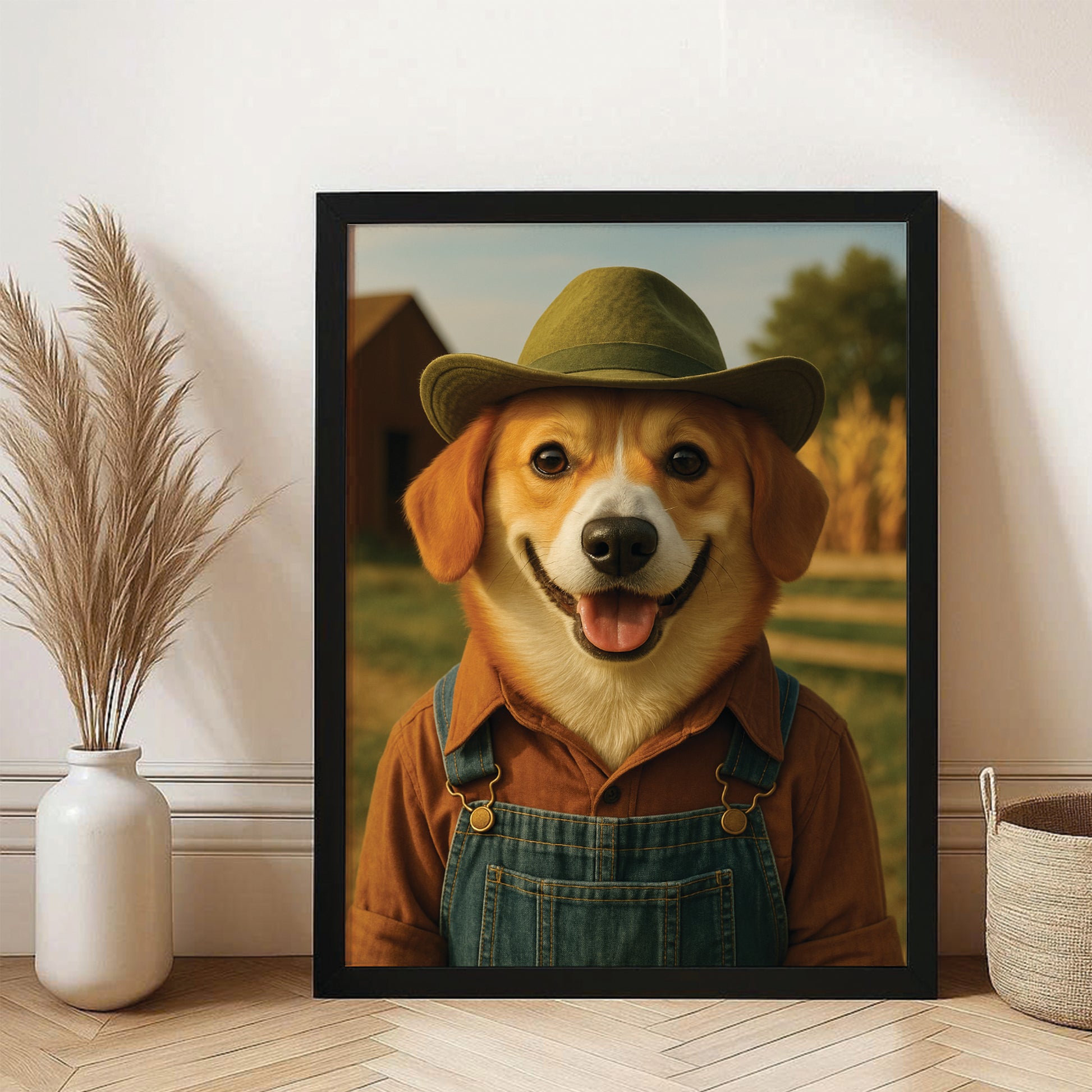 Custom Photo Farmer Farmhouse Dog Canvas Framed Wall Art