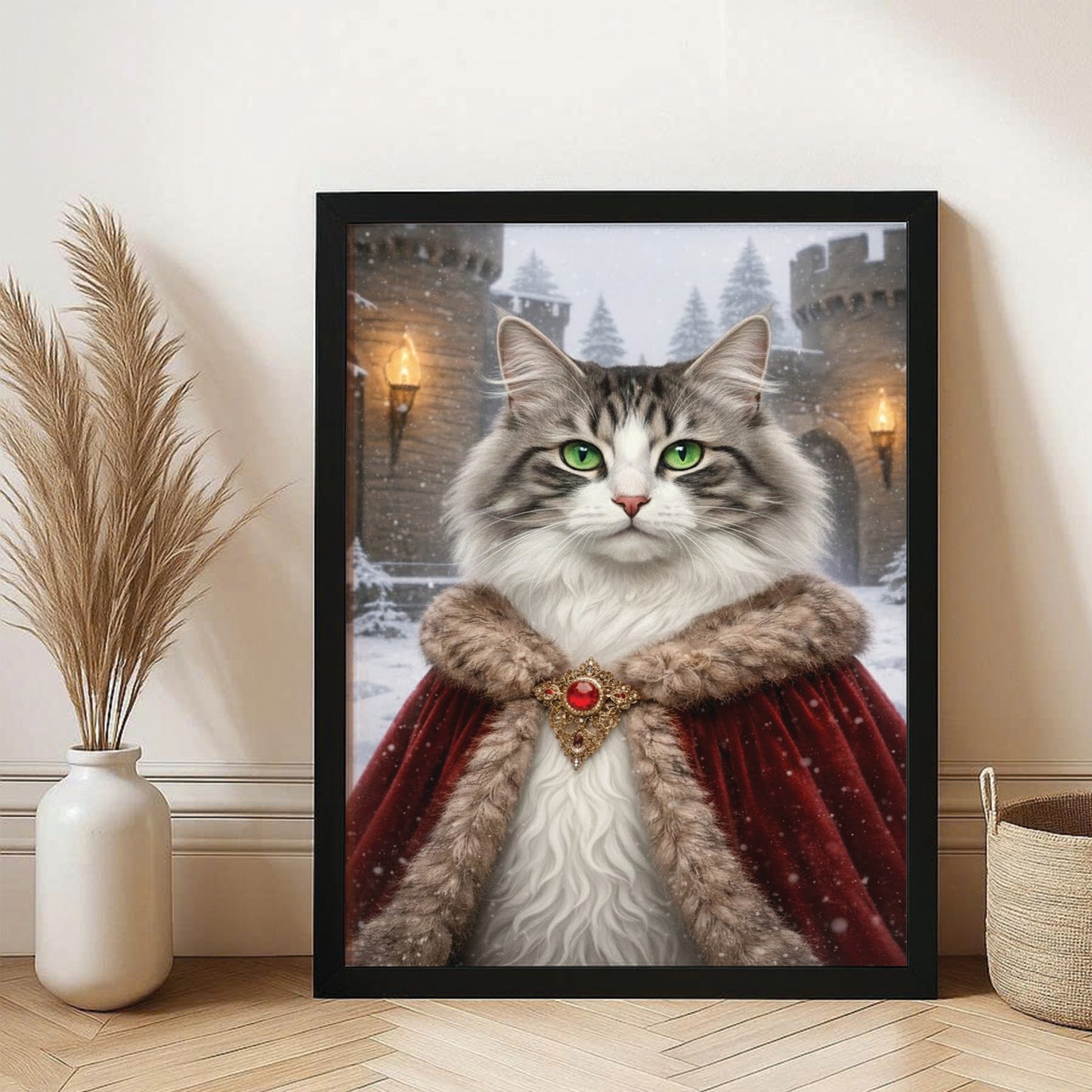 Custom Photo Winter King Royal Canvas Framed Wall Art Gift For Cat Lovers