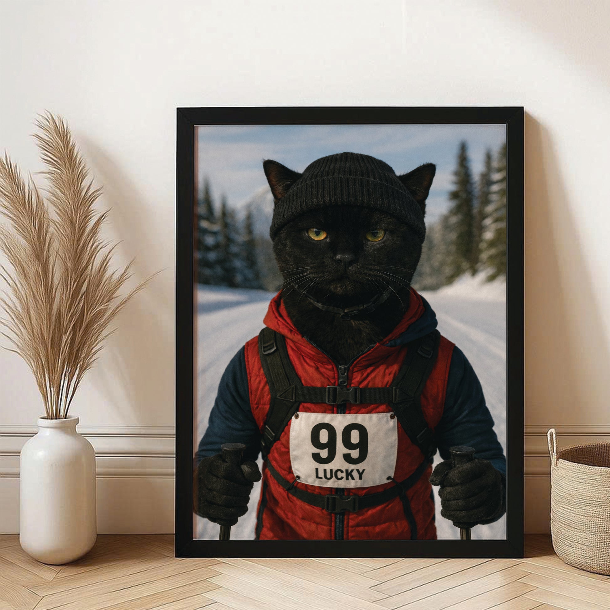 Custom Photo Cross Country Ski Cat Canvas Framed Wall Art Gift For Cat Lovers