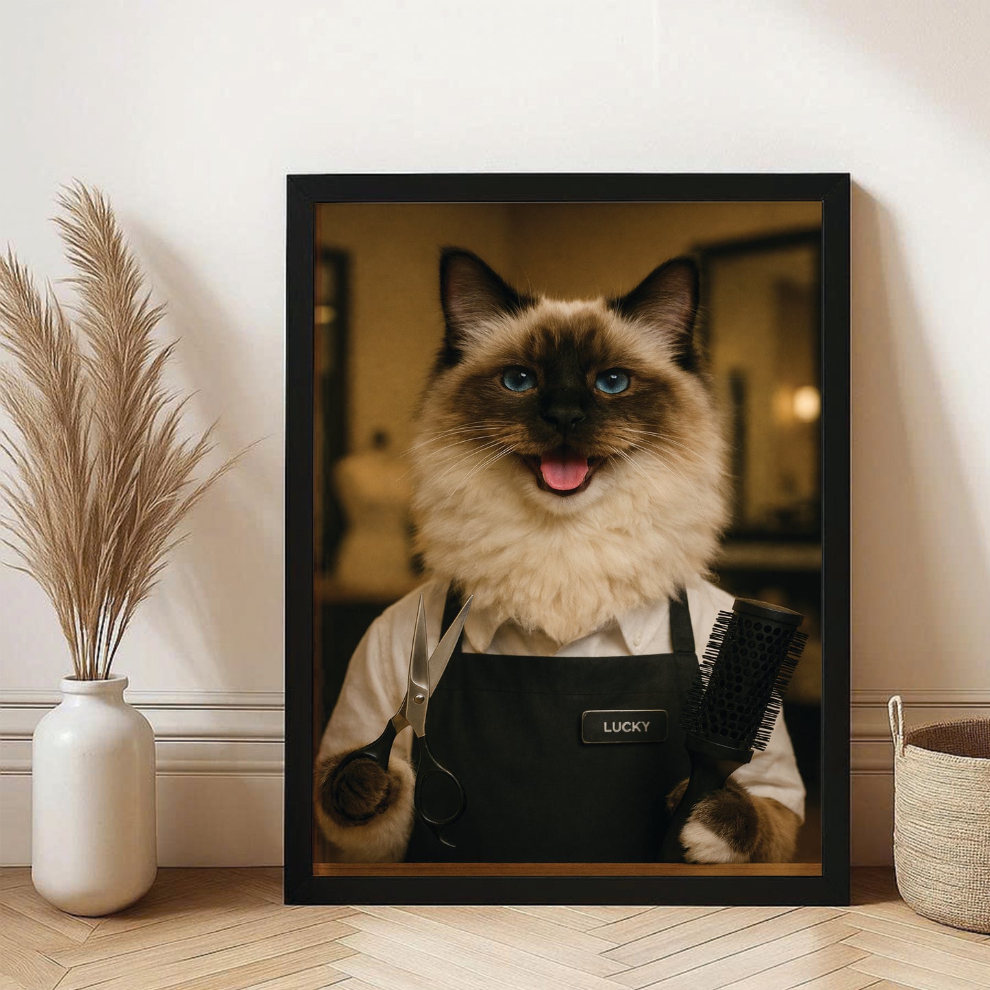 Custom Photo Hair Stylist Cat Canvas Framed Wall Art  Gift For Cat Lovers