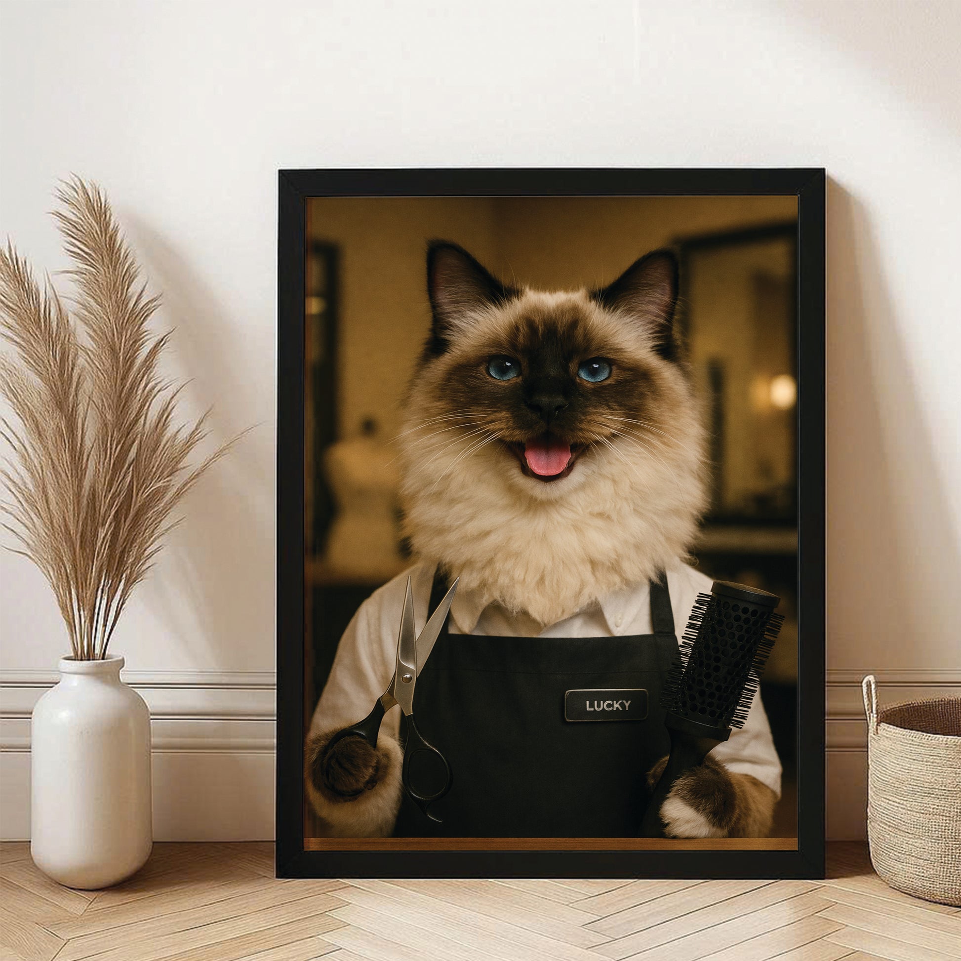 Custom Photo Hair Stylist Cat Canvas Framed Wall Art  Gift For Cat Lovers