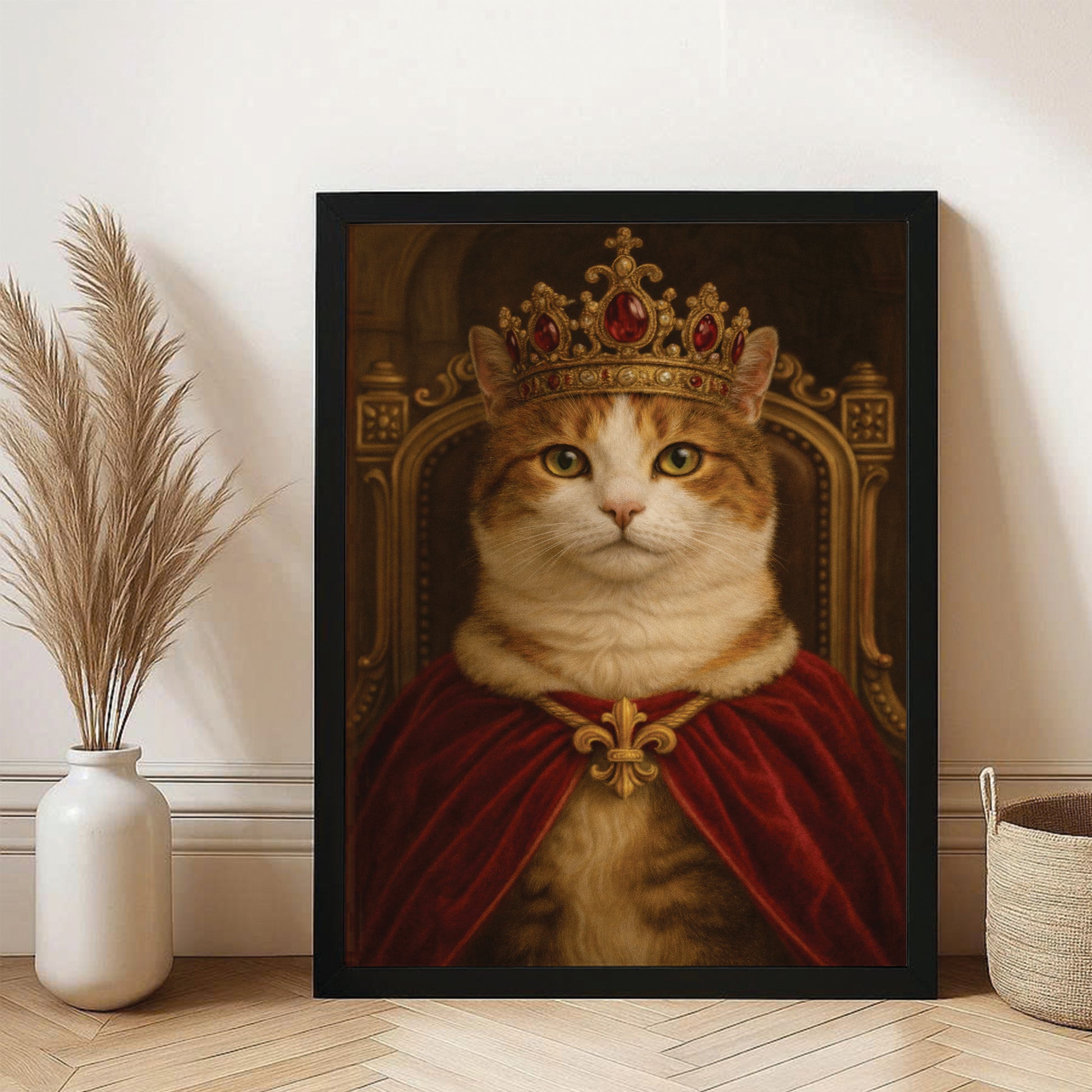 Custom Photo Royal Cat Potrait Canvas Framed Wall Art Gift For Cat Lovers