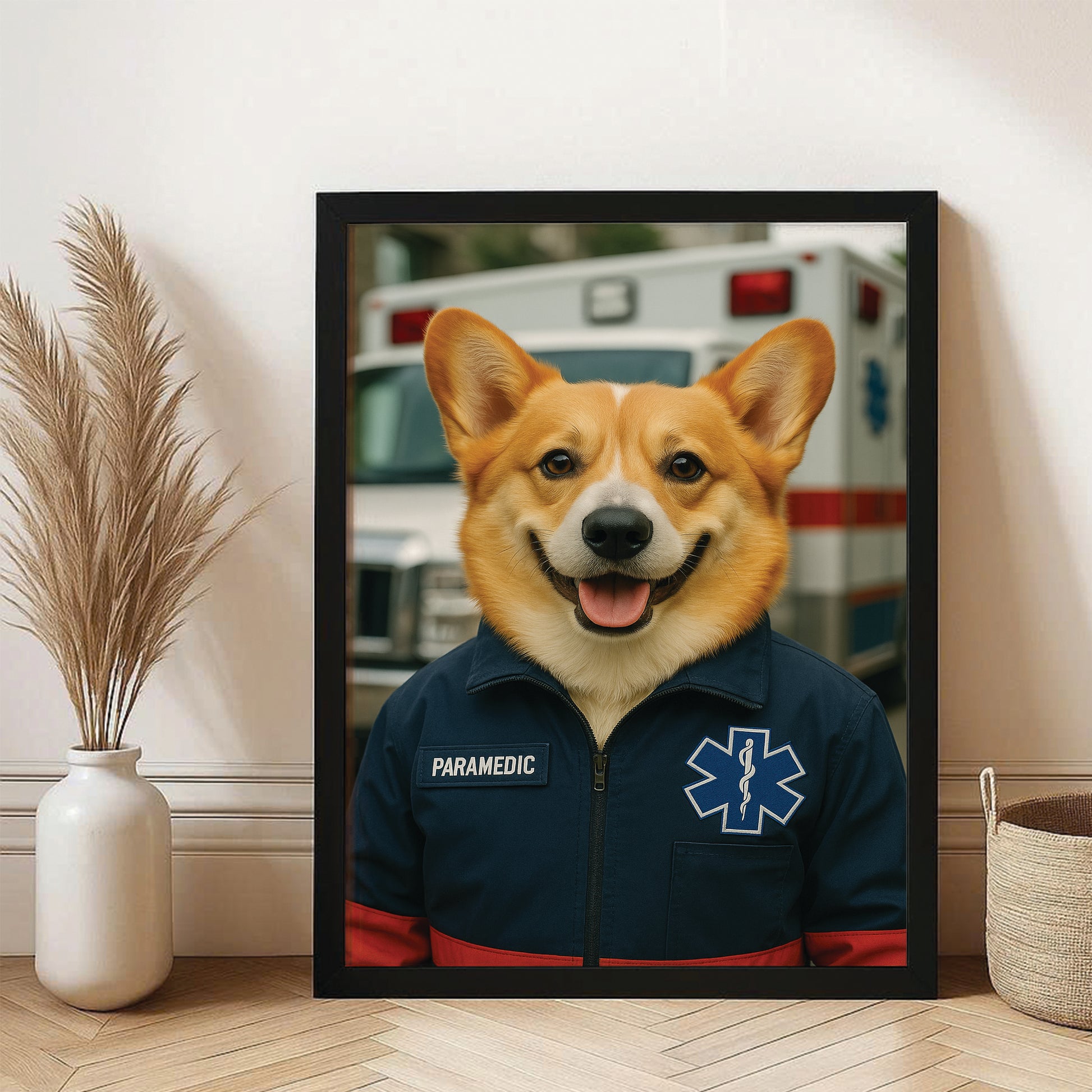 Custom Photo Paramedic Emt Dog Canvas Framed Wall Art Gift For Dog Lovers