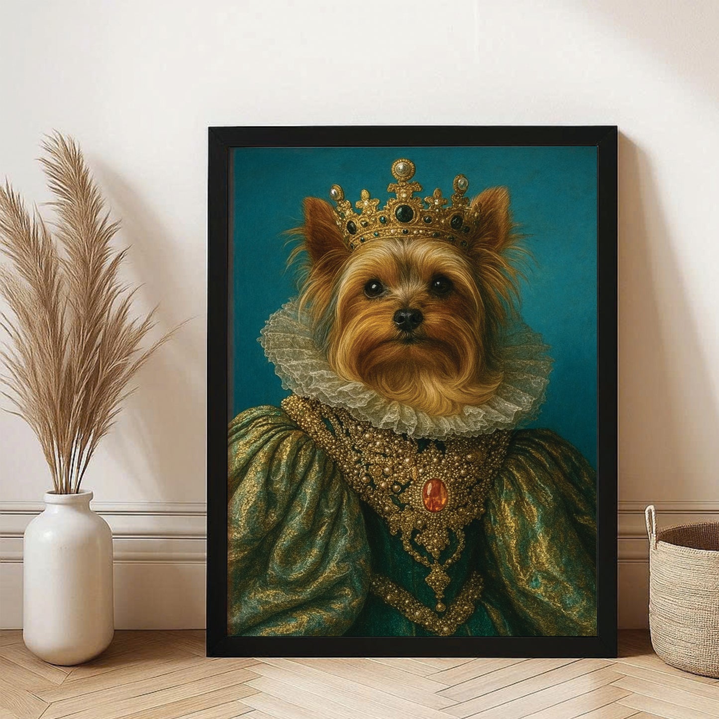 Custom Photo Potrait Royal Dog With Crown Canvas Framed Wall Art Gift For Dog Lovers
