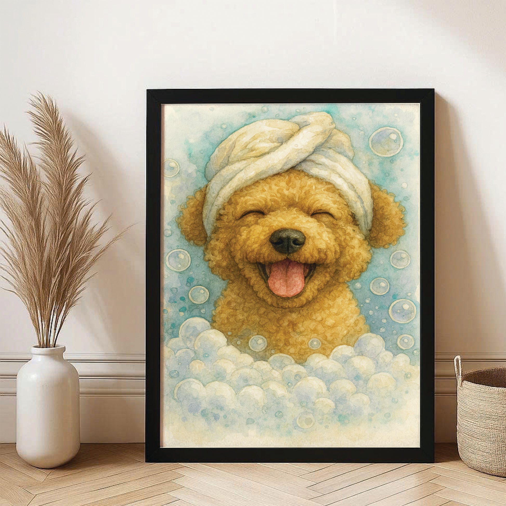 Custom Dog Potrait In Bathroom Canvas Framed Wall Art