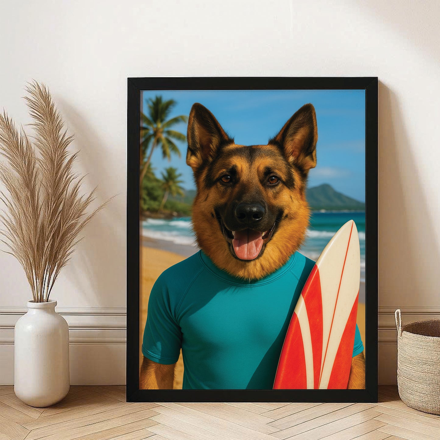 Custom Photo Surfer Beach Dog Canvas Framed Wall Art Gift For Dog Lovers