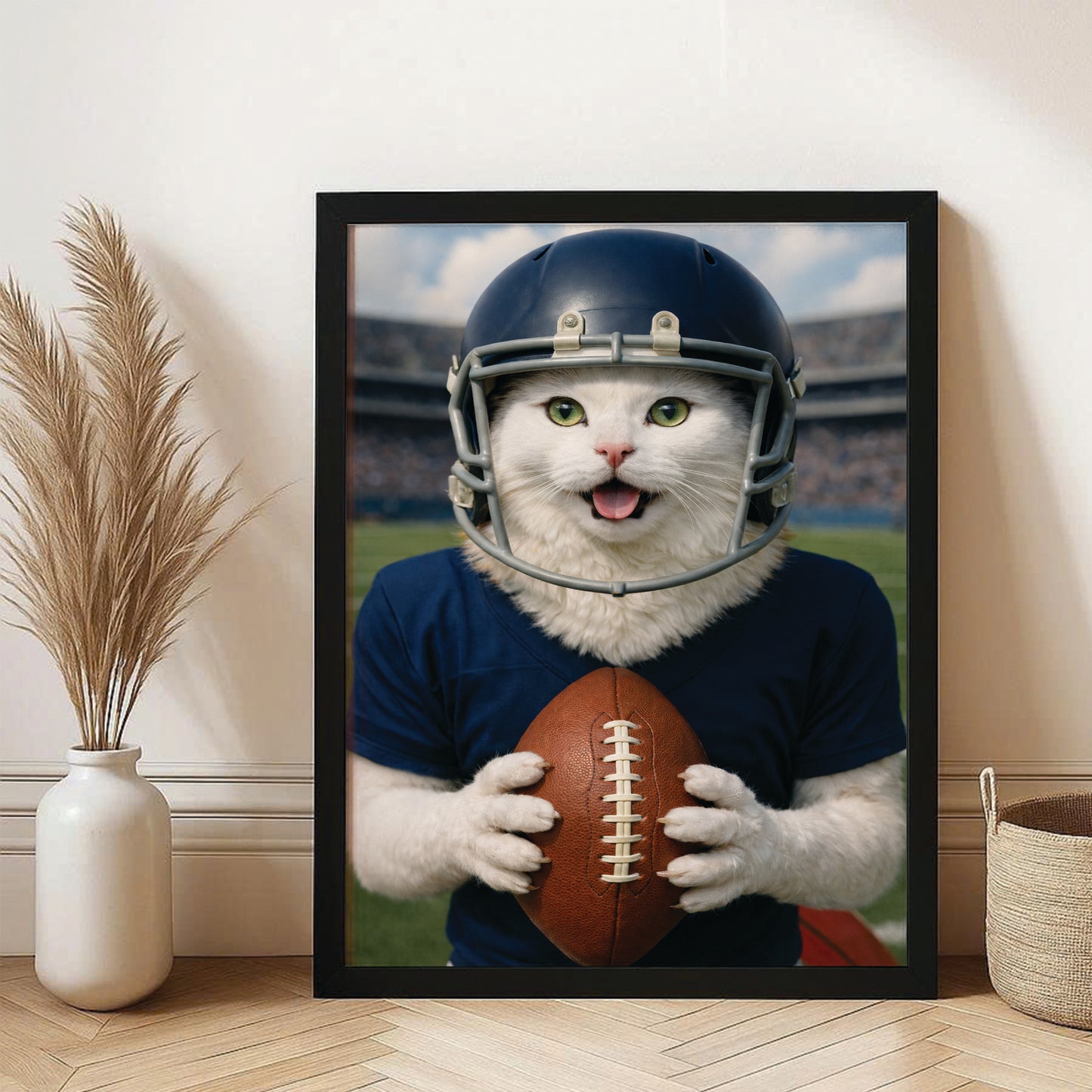 Custom Photo Footaball Cat Canvas Framed Wall Art  Gift For Cat Lovers