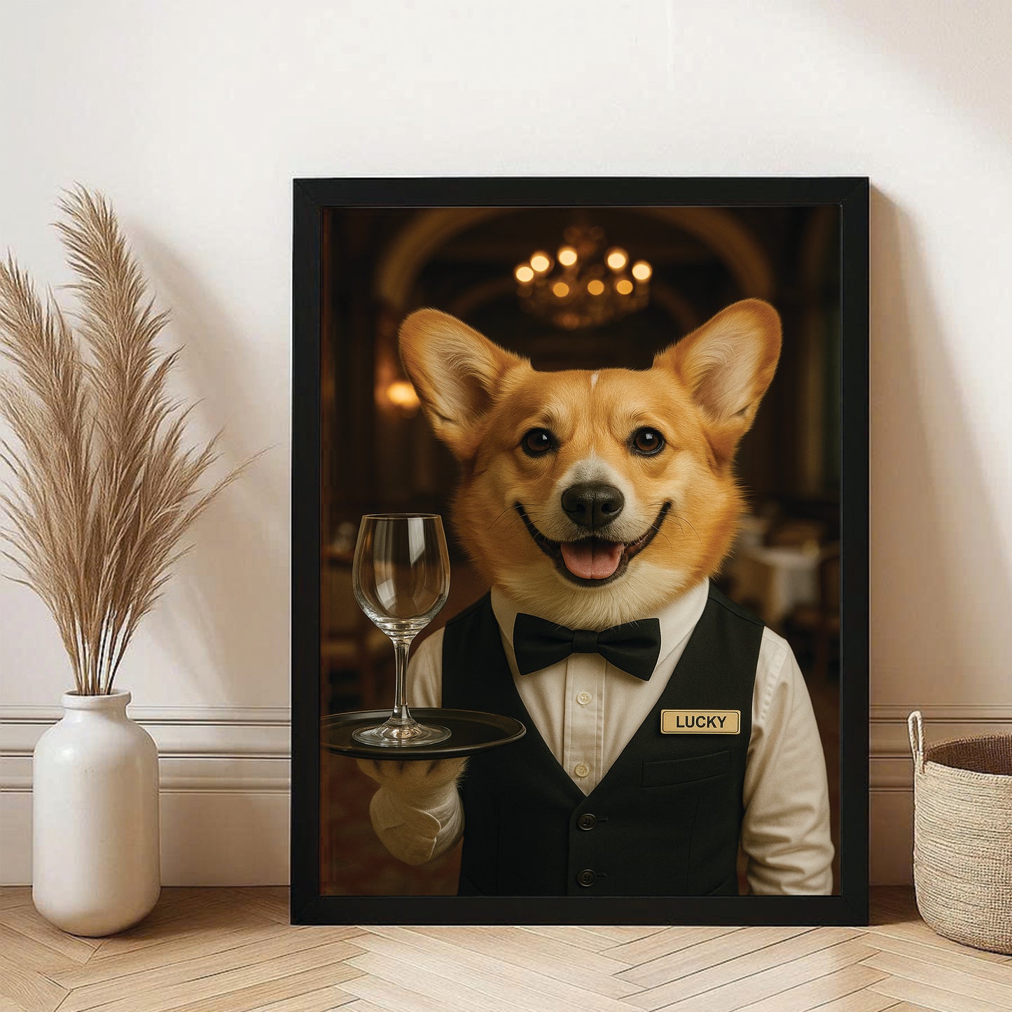 Custom Photo Dog Waiter Restaurant Canvas Framed Wall Art Gift For Dog Lovers
