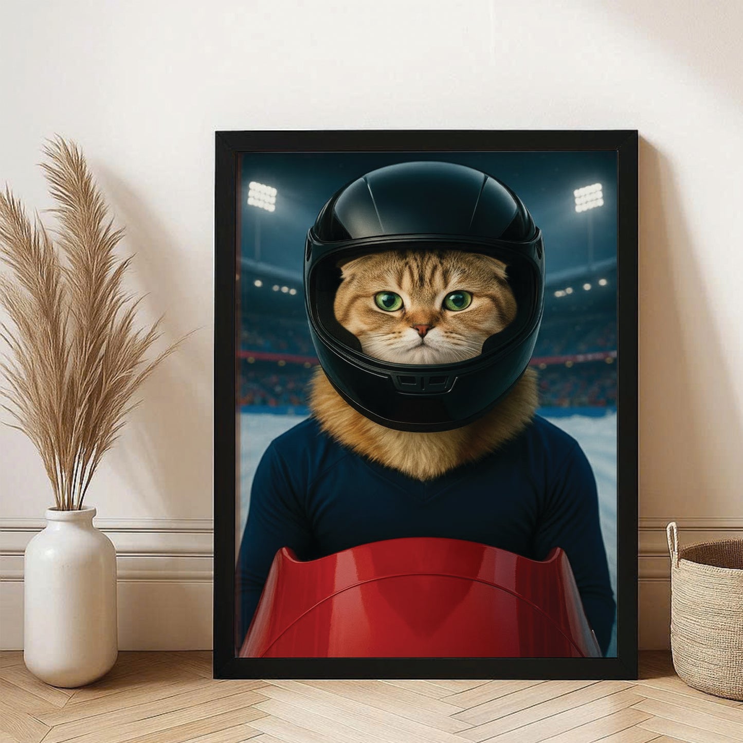 Custom Photo Bobsled Winter Race Cat Canvas Framed Wall Art Gift For Cat Lovers