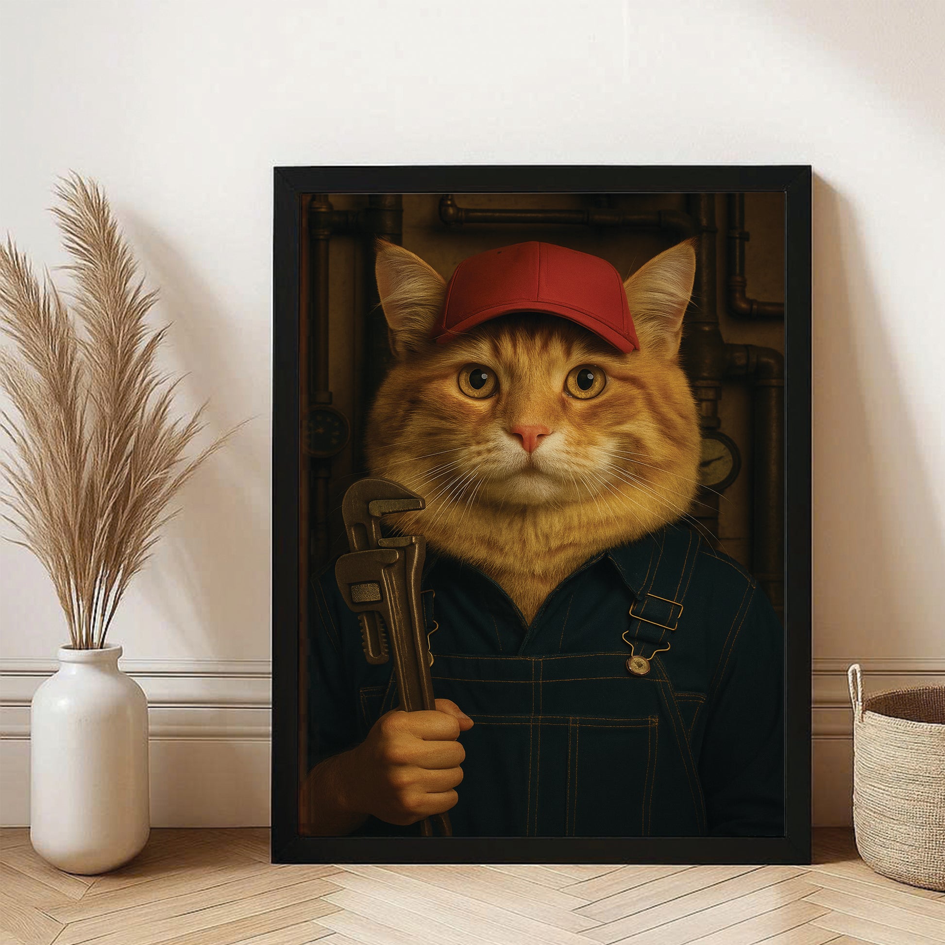 Custom Photo Plumber Cat Canvas Framed Wall Art Gift For Cat Lovers