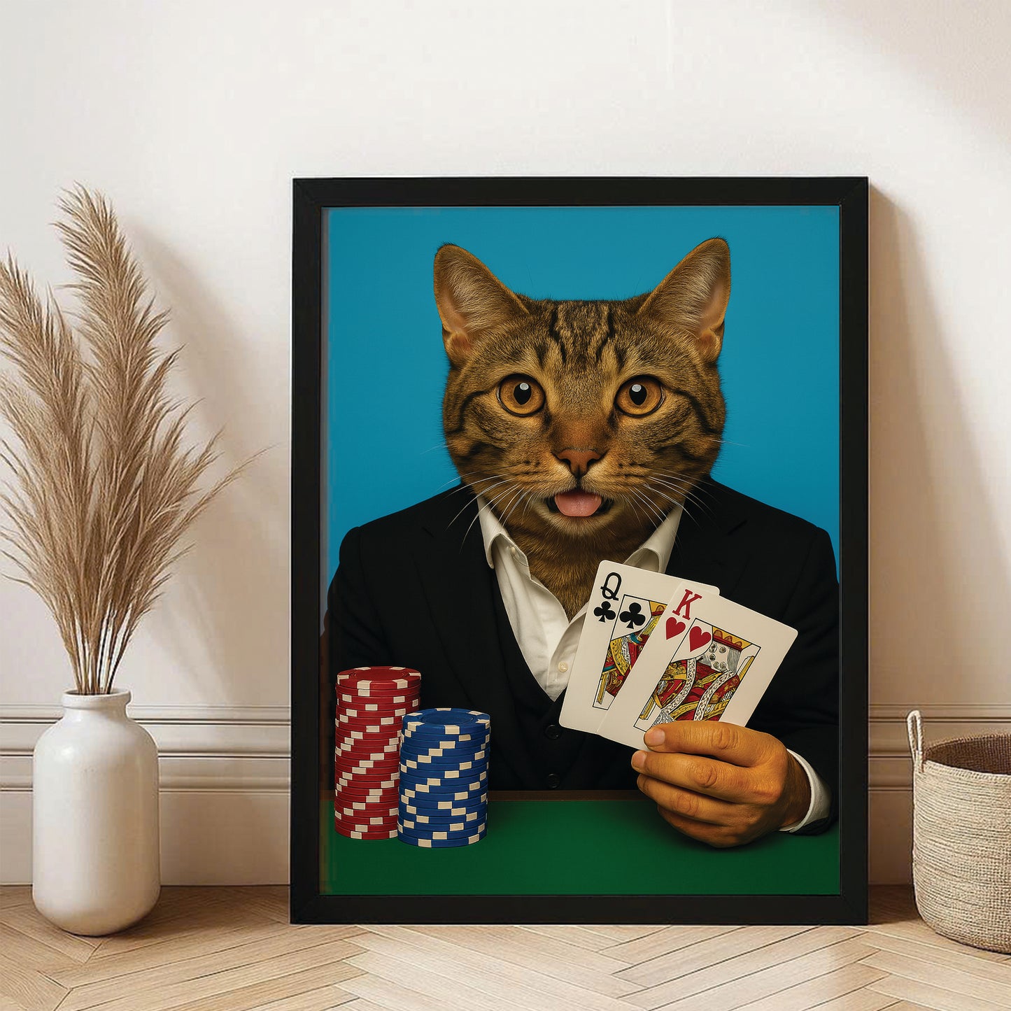 Custom Photo Poker Player Cat Canvas Framed Wall Art Gift For Cat Lovers