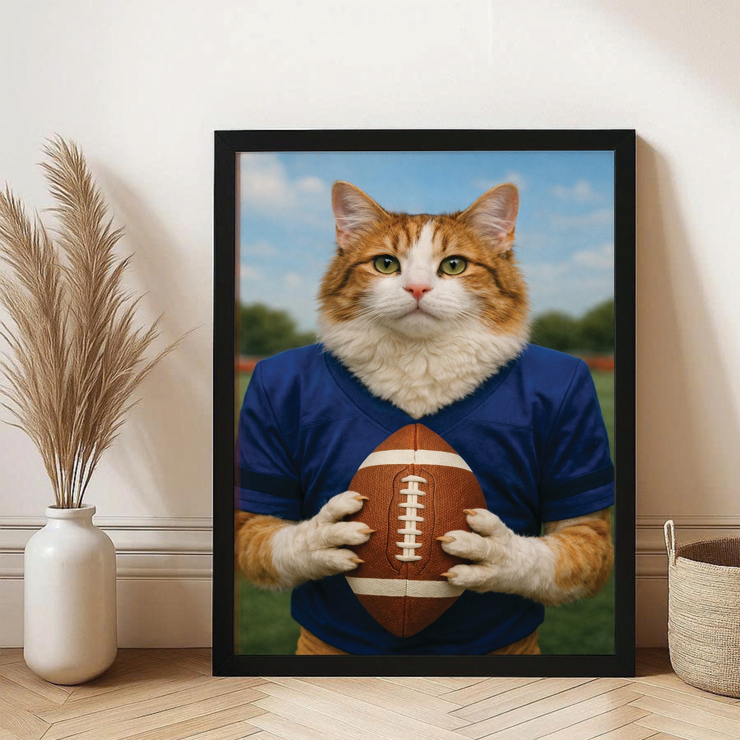Custom Photo Football Player Cat Canvas Framed Wall Art  Gift For Cat Lovers
