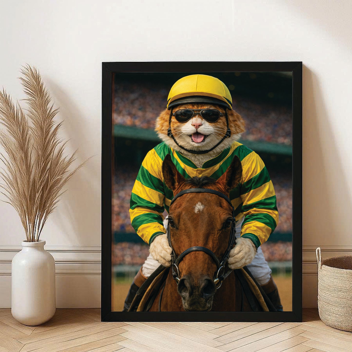 Custom Photo Jockey Horse Racing Cat Canvas Framed Wall Art  Gift For Cat Lovers